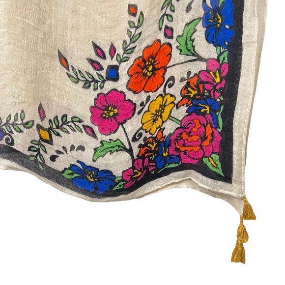 Womens Multicolor Floral Tasseled Woven Boho Colorful Scarf One Size - Picture 2 of 3